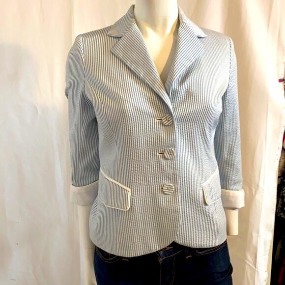 Pink Tartan Blue and White Seersucker Blazer  Jacket Size 2 EUC Summer c… - Picture 4 of 10